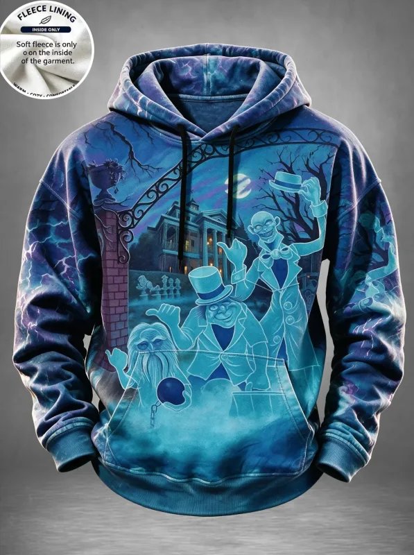 Men Fleece Lined Hoodie Halloween Werewolf Red Moon Print Pullover Hooded Sweatshirt Street Hoody