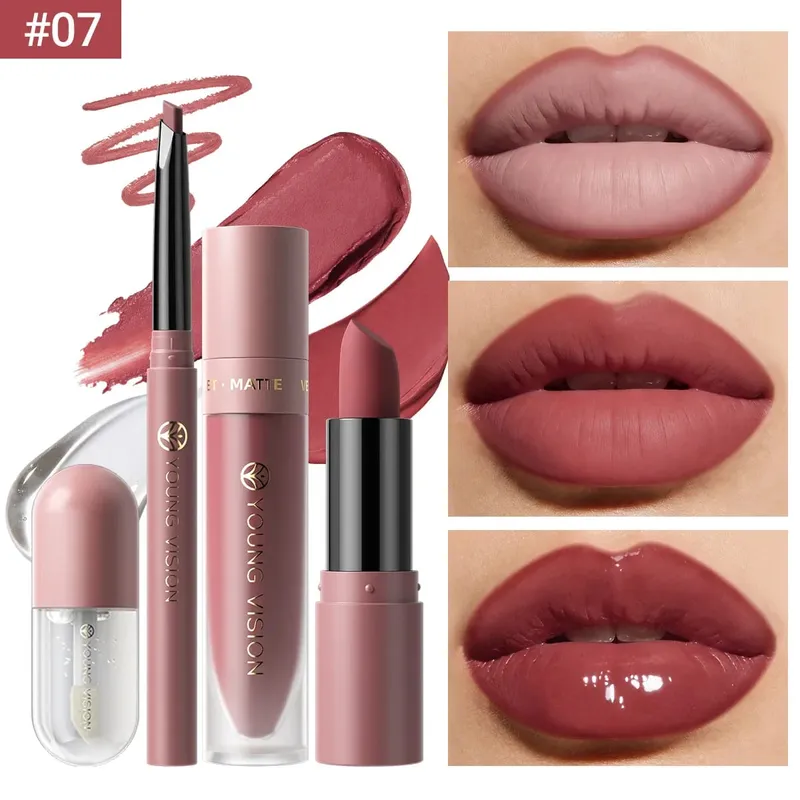 Conjunto de 4 unidades kit de maquiagem labial forro batom líquido óleo labial 8 cores opcionais fosco veludo labial para maquiagem diária de festa — image 12