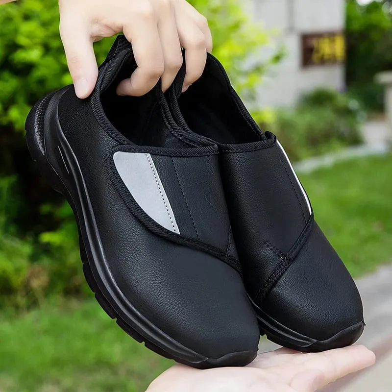 Tênis ortopédico masculino de couro para diabéticos, gancho ajustável e laço, sapatos abertos para pés inchados, sapatos confortáveis ​​para caminhada