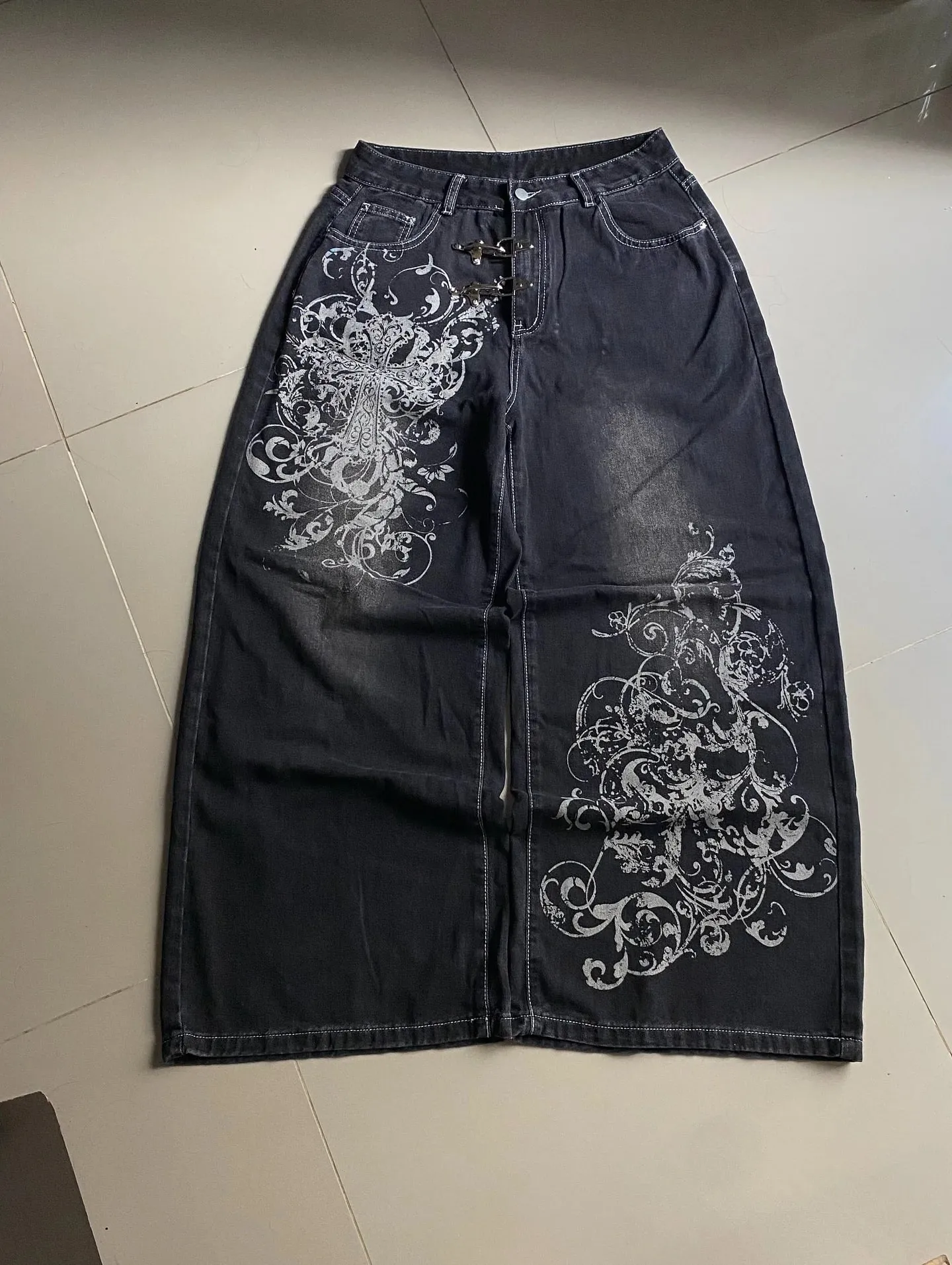 Y2K Vintage Gótico High Street Denim Preto Lavado Gradiente Espinha Aranha Lírio Estampa Jeans Perna Larga