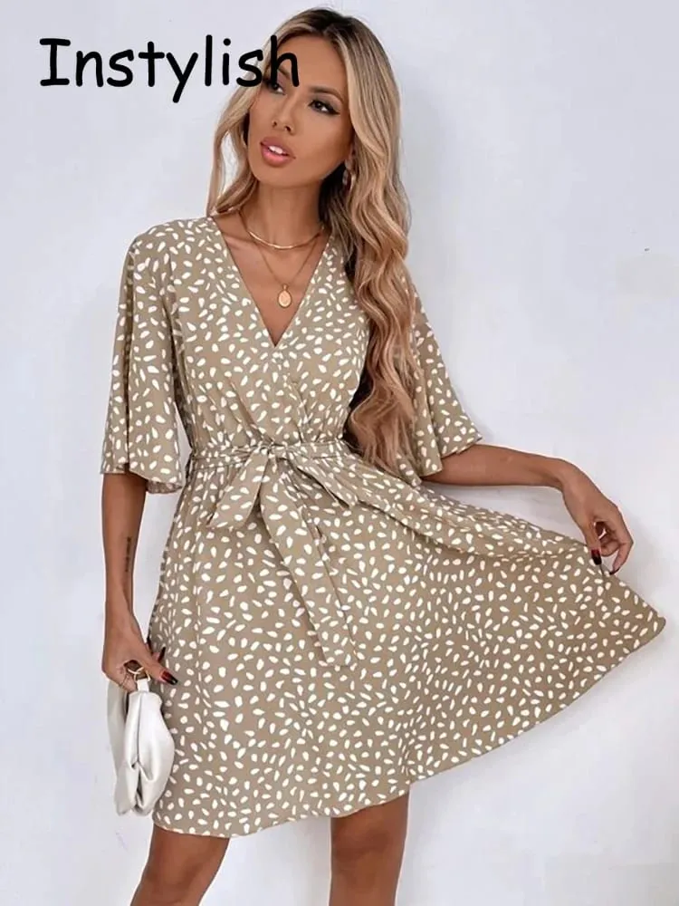 Casual dot print mini vestido com cinto elegante chique meia manga v pescoço a linha vestido de verão vintage harajuku vestido curto praia festa