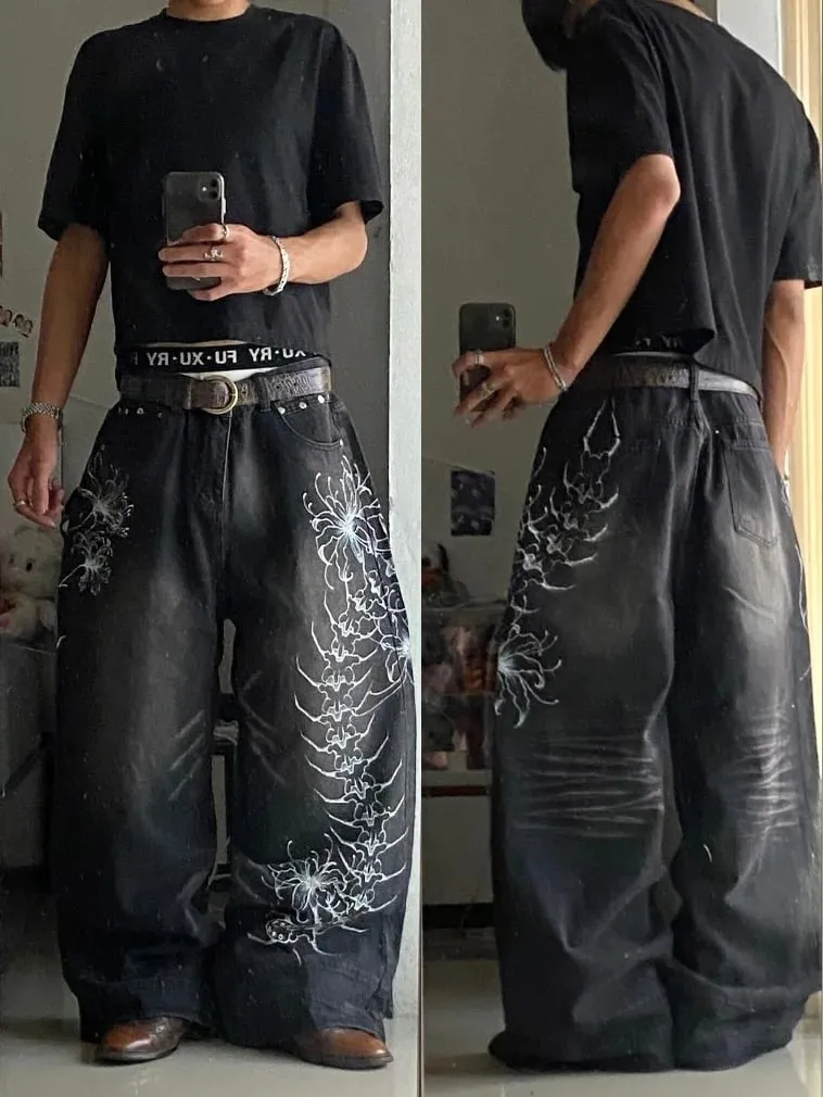 Y2K Vintage Gótico High Street Denim Preto Lavado Gradiente Espinha Aranha Lírio Estampa Jeans Perna Larga