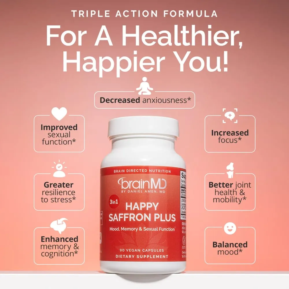 Suplementos Happy Saffron Plus - Suplemento de extrato de flor de açafrão para suporte à saúde ocular - Intensificador de humor para homens e mulheres