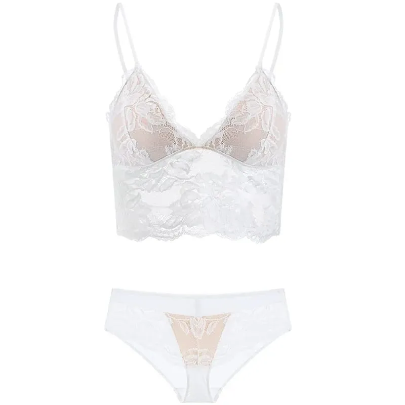 Women's French Thin Lace Wireless Set Strapless Triangle Cup Slim Invisible Bra Perfect for Big Bust To Look Smaller Daily S-xl
