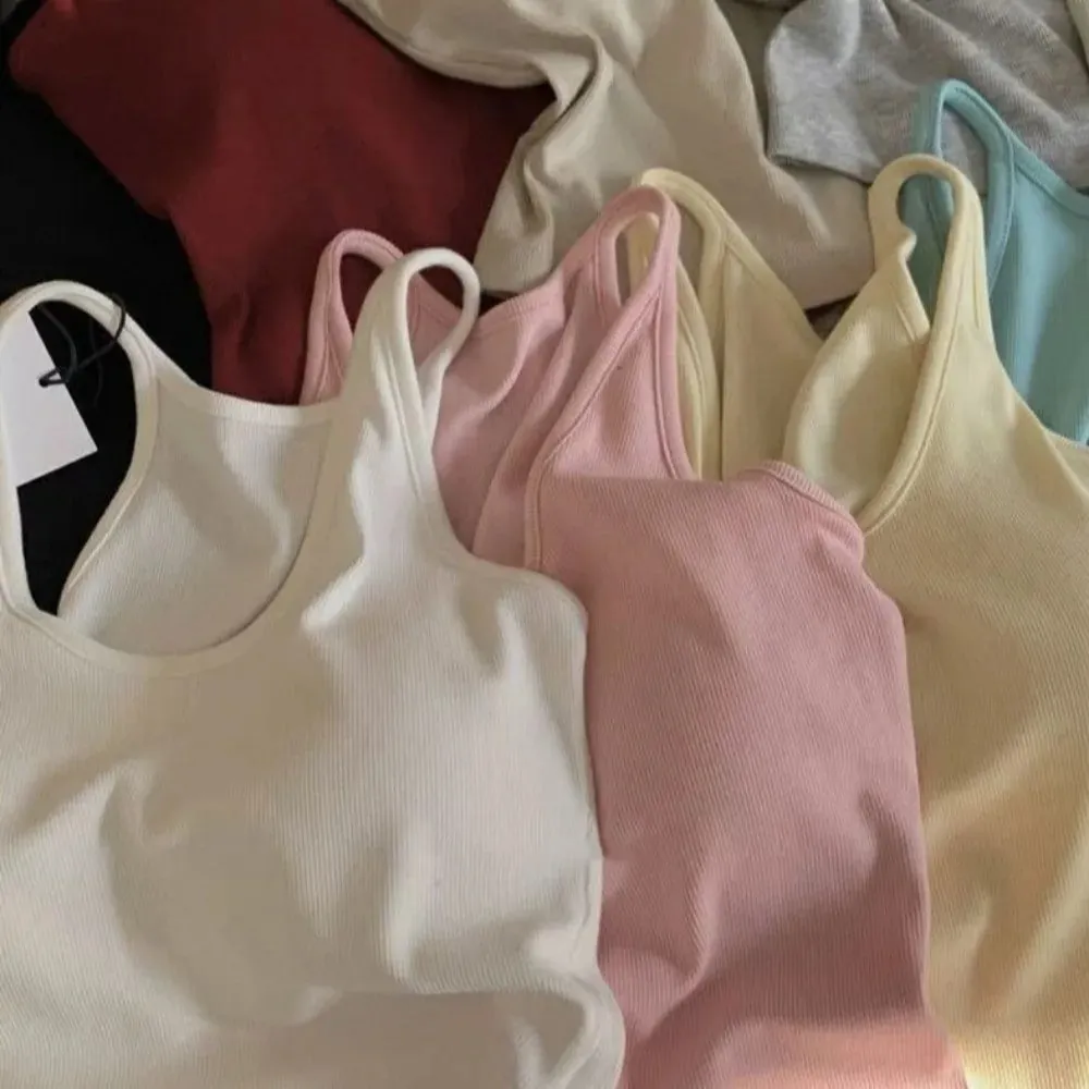 Estilo coreano com almofada no peito cinta colete u-pescoço cor sólida sem costas sem mangas superior emagrecimento feminino camis verão
