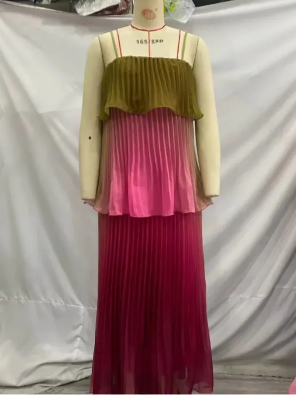 Chic Multicolored Pleated Women Maxi Dress Elegant Spaghetti Strap Ruffle Tiered Flowy Vestidos 2026 Summer Lady Vacation Outfit
