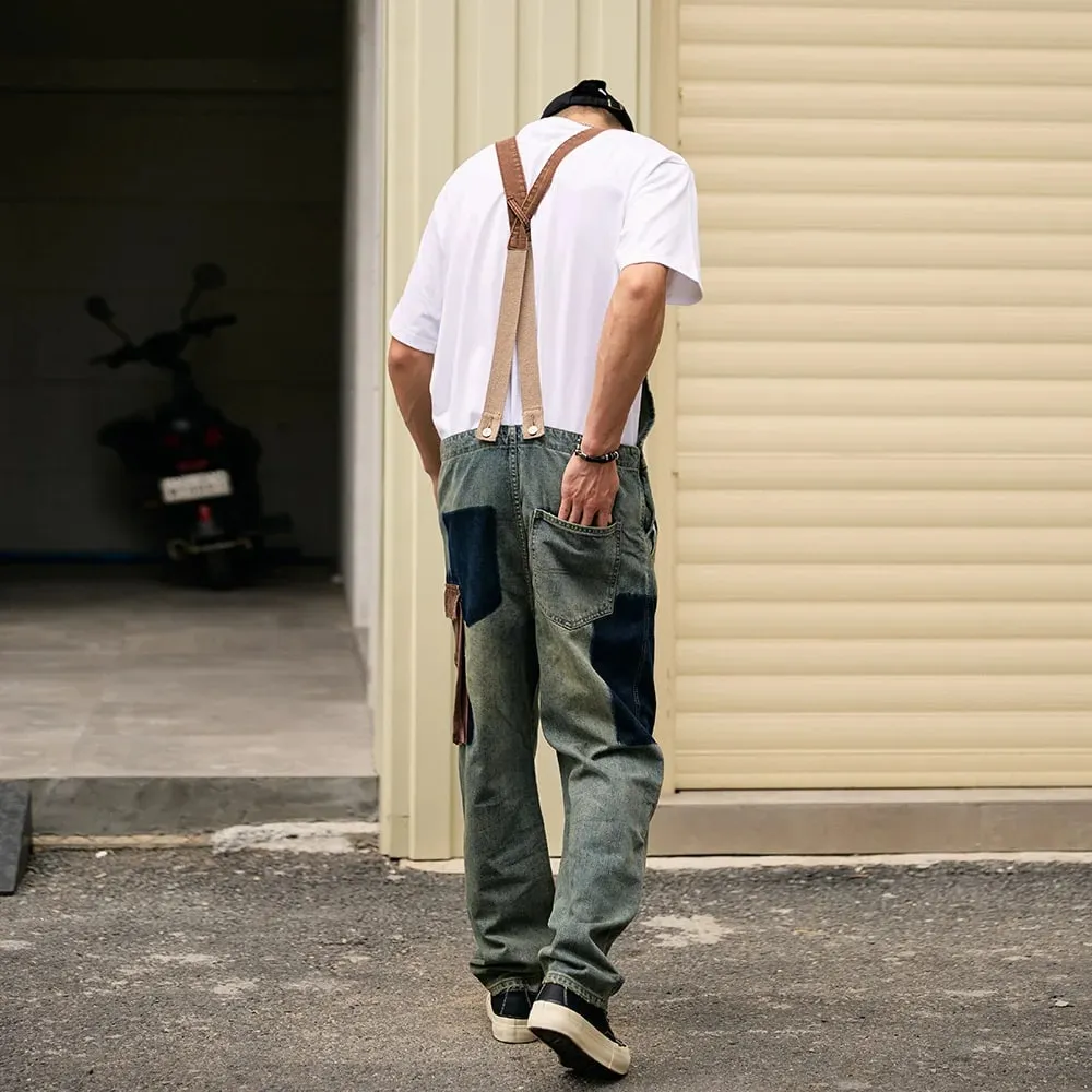 Men Big Multi Pockets Bib Overalls Vintage Blue Distressed Denim Cotton Cargo Jeans Adjustable Suspenders Coveralls Dungarees