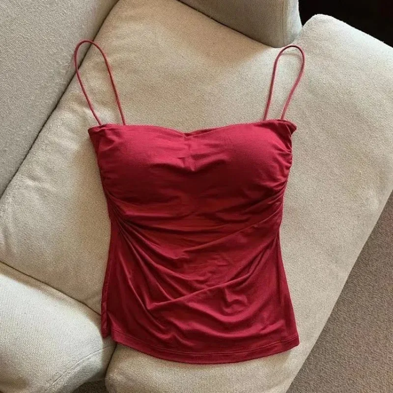 Top curto sexy com alças finas, regata branca lisa, estilo coreano, sem mangas, roupa íntima feminina, camisola justa