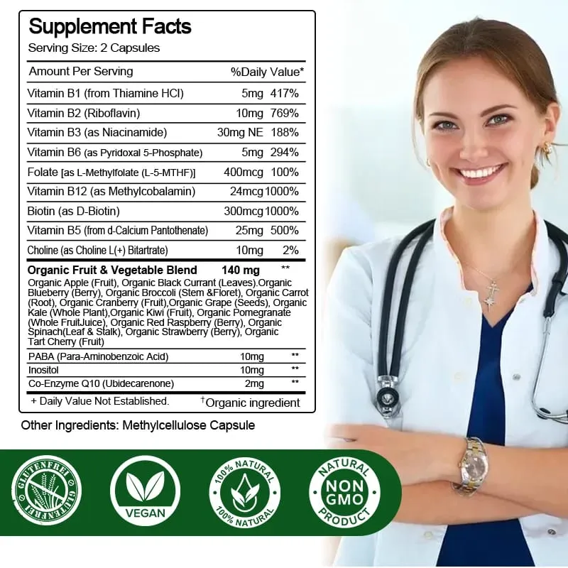 Vitaminas do Complexo B para Sistema Nervoso e Energia - Apoia a Imunidade, Saúde do Coração, Cabelo, Pele e Unhas