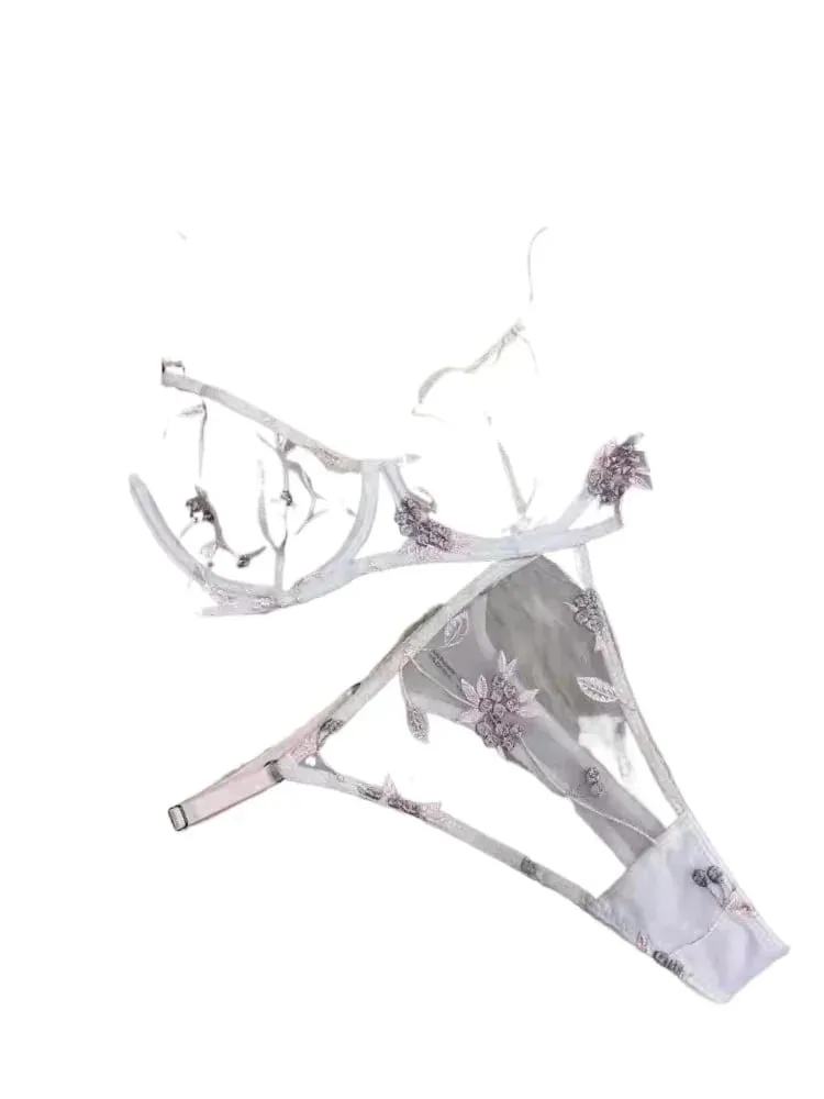 Conjunto de lingerie com armação de apoio, sutiã e cuecas de malha pura, renda bordada sexy, copo demi ultrafino, presente anti-sag, data para ela