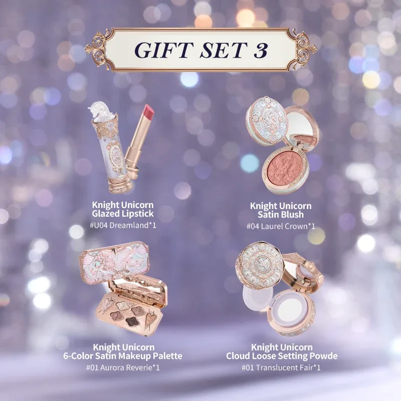 [NOVO] Conjunto de presente da coleção Flower Knows Knight Unicorn inclui paleta de maquiagem + batom + blush + pó solto