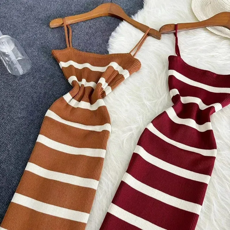 Summer Stripe Elastic Bodycon Strap Dress 2024 Sexy Beach Sundress Women Casual Slim Pencil Vestidos Maxi Long Dress