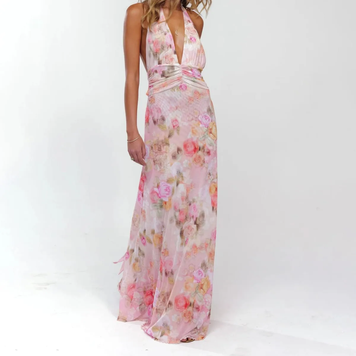 Combhasaki Mulheres Verão Sem Mangas Tie-up Halter Decote Em V Profundo Backless Flor/Pontos Estampado Plissado Hem Malha Ruched Vestido Longo Linha A