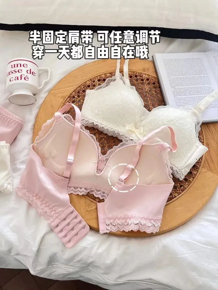 ​Japanese Anime Lace Bra Set Push Up Wireless Bralette Small Bust Seamless Sexy Triangle Cup Lingerie Set Spring Summer MOYISU