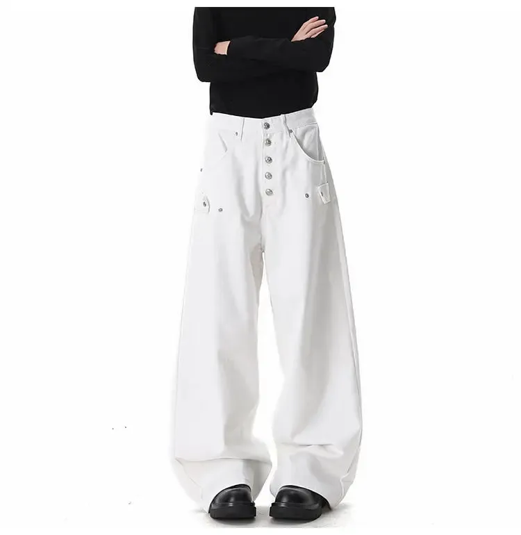 Loose Denim Pants for Men 2026 New Button Decoration Personalized Design Baggy Jeans Men Comfortable Fit Casual Trousers