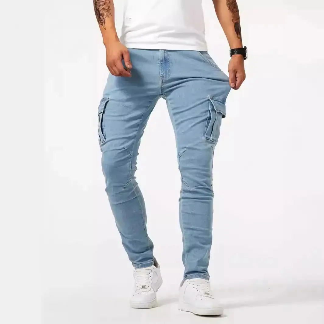 Calça jeans masculina stretch de rua, lavada, cor sólida, multi bolsos, calça de trabalho, casual, slim fit, uso diário, calça de corrida, mid wa