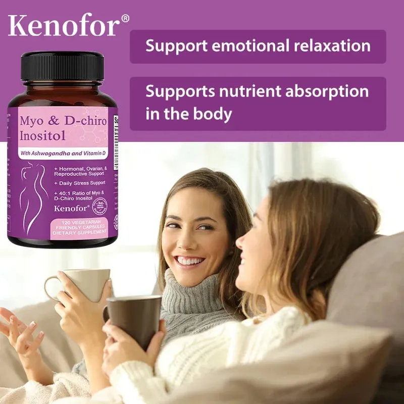 Suplemento de inositol com Ashwagandha melhora a função muscular ovariana Equilíbrio antioxidante de açúcar no sangue 120 cápsulas vegetais