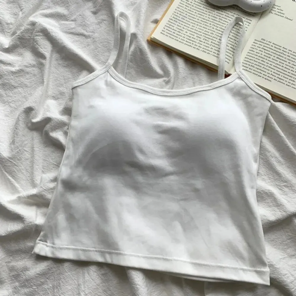 1 peça coreana feminina cor sólida alças finas sem mangas camisola fina com almofada no peito