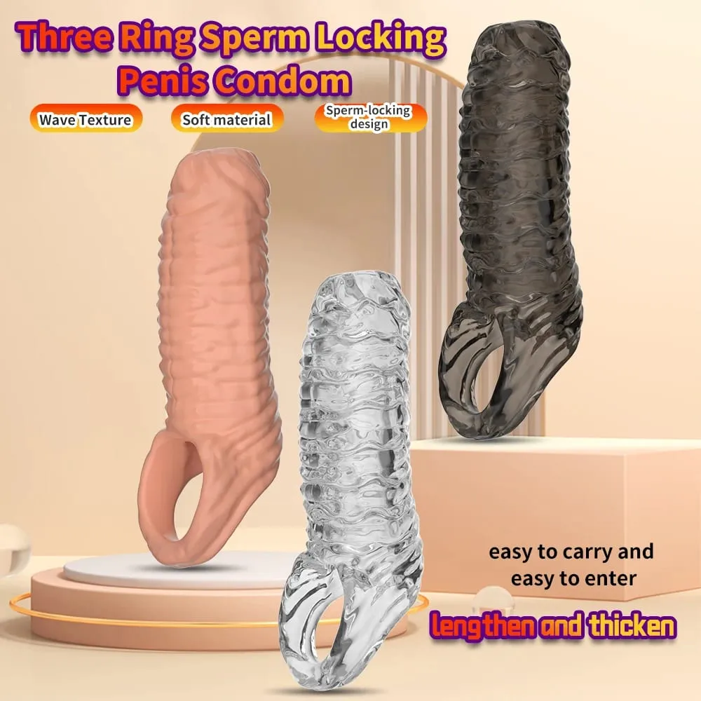 Men Delay Lock Sperm Fine Male Condom Penis Extender Sleeve Erection Enhancer Dick Cock Ring Sex Toys Silicone Intimate Goods