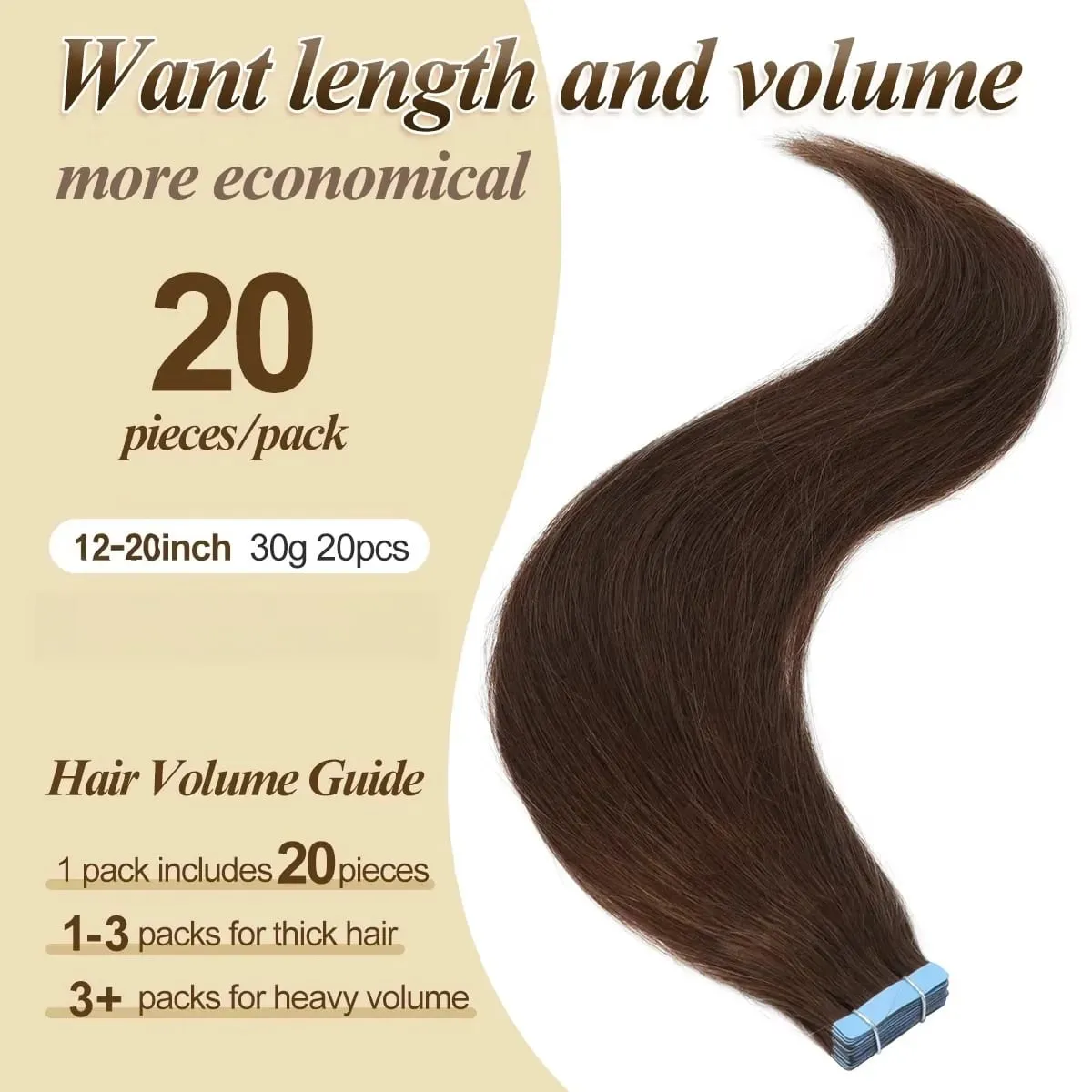 20Pcs/Pack Tape In Human Hair Extensions Suitable for Women with Invisible Adhesive Tape Ins Seamless Straight Hair for Volume & Length