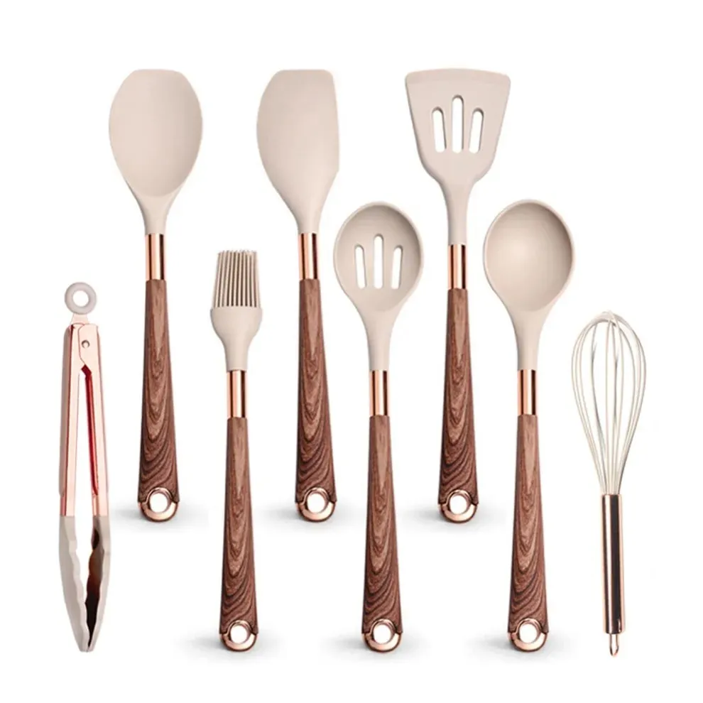 Silicone Cooking Utensils Set Non-Scratch Non-Stick Heat Resistant Spatula Spoon Rose Gold Handle With Bucket Kitchen Gift