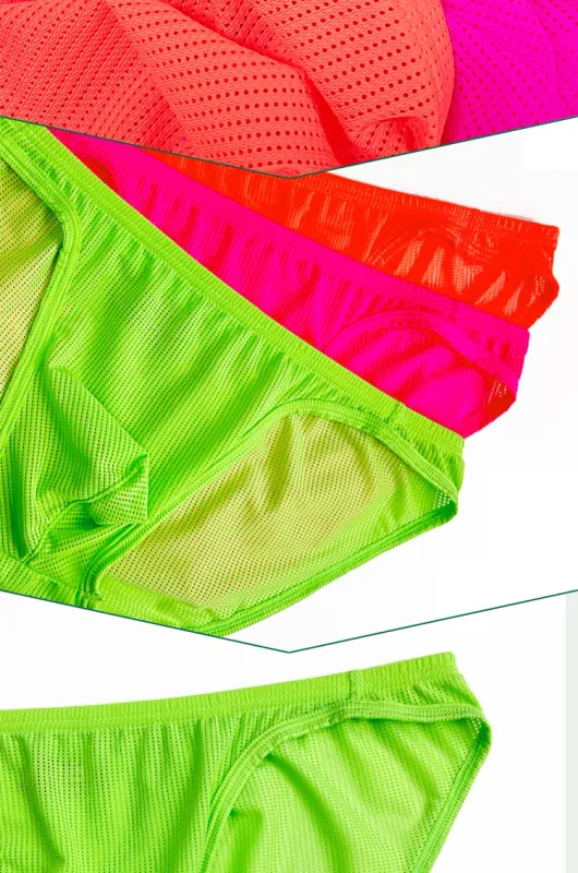 Cuecas de biquíni masculinas de malha neon, cor sólida, cintura elástica, multi cores, cintura baixa, bolsa convexa, respirável, secagem rápida, bs839, 1 peça