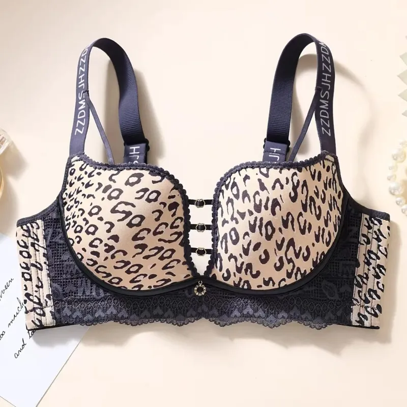 plus Size Thin Wireless Minimizer Bra Leopard Print Gather Anti-Sagging Comfort Lingerie for Big Bust Women