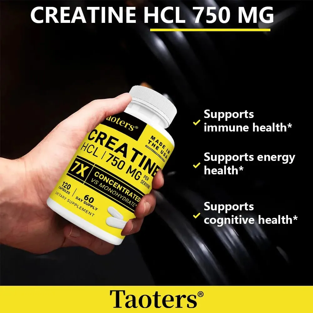 Cápsulas de creatina HCl aumentam a força muscular, foco, resistência, energia, suporte ao metabolismo, saúde cognitiva e cardíaca, não-OGM