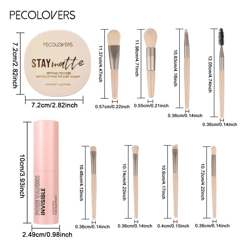 Kit de maquiagem base multifuncional, 10 peças, minimizador de poros, primer, pó fosco e 8 peças, conjunto de pincéis de maquiagem profissional