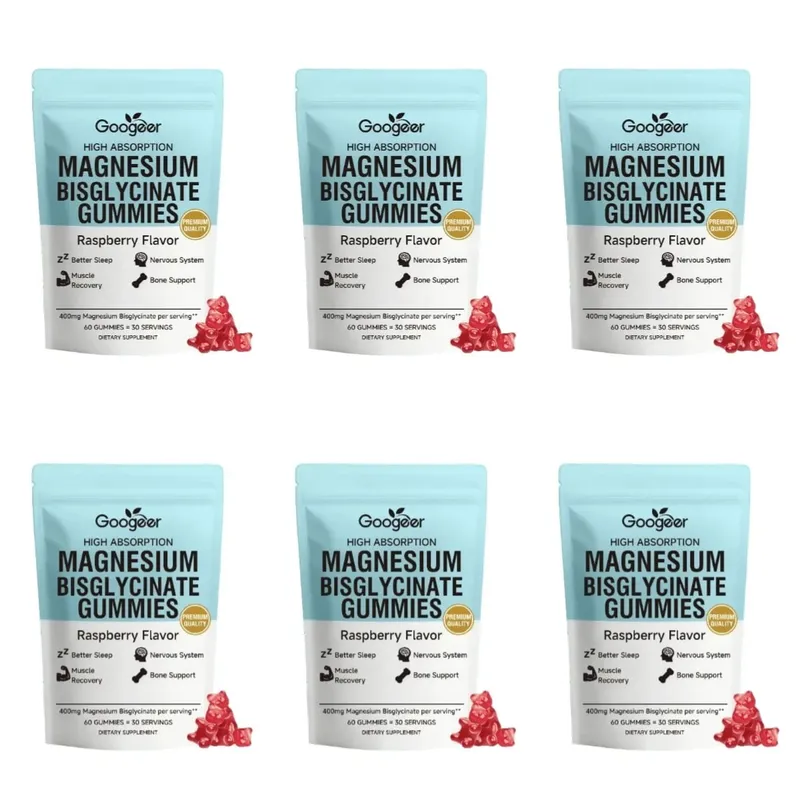 Gomas de bisglicinato de magnésio 400mg Sabor de framboesa apoia a saúde óssea e a função muscular Suplemento dietético para adultos Contagem de 60
