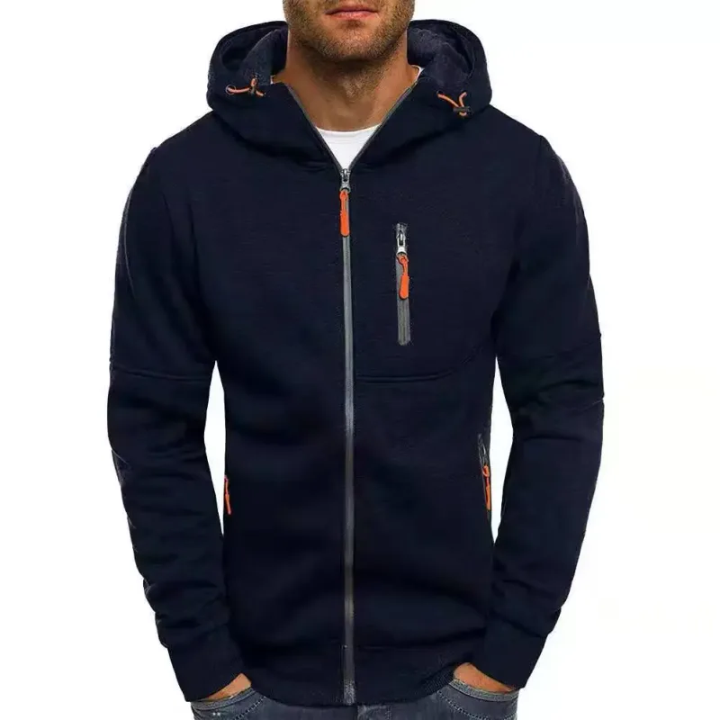 เสื้อกันหนาวผู้ชายเสื้อสเวตเตอร์ถัก Hooded Jacket กระเป๋าซิป Jacquard เสื้อแจ็คเก็ตกีฬาฟิตเนสกลางแจ้งวิ่งกีฬาสีทึบ — image 9