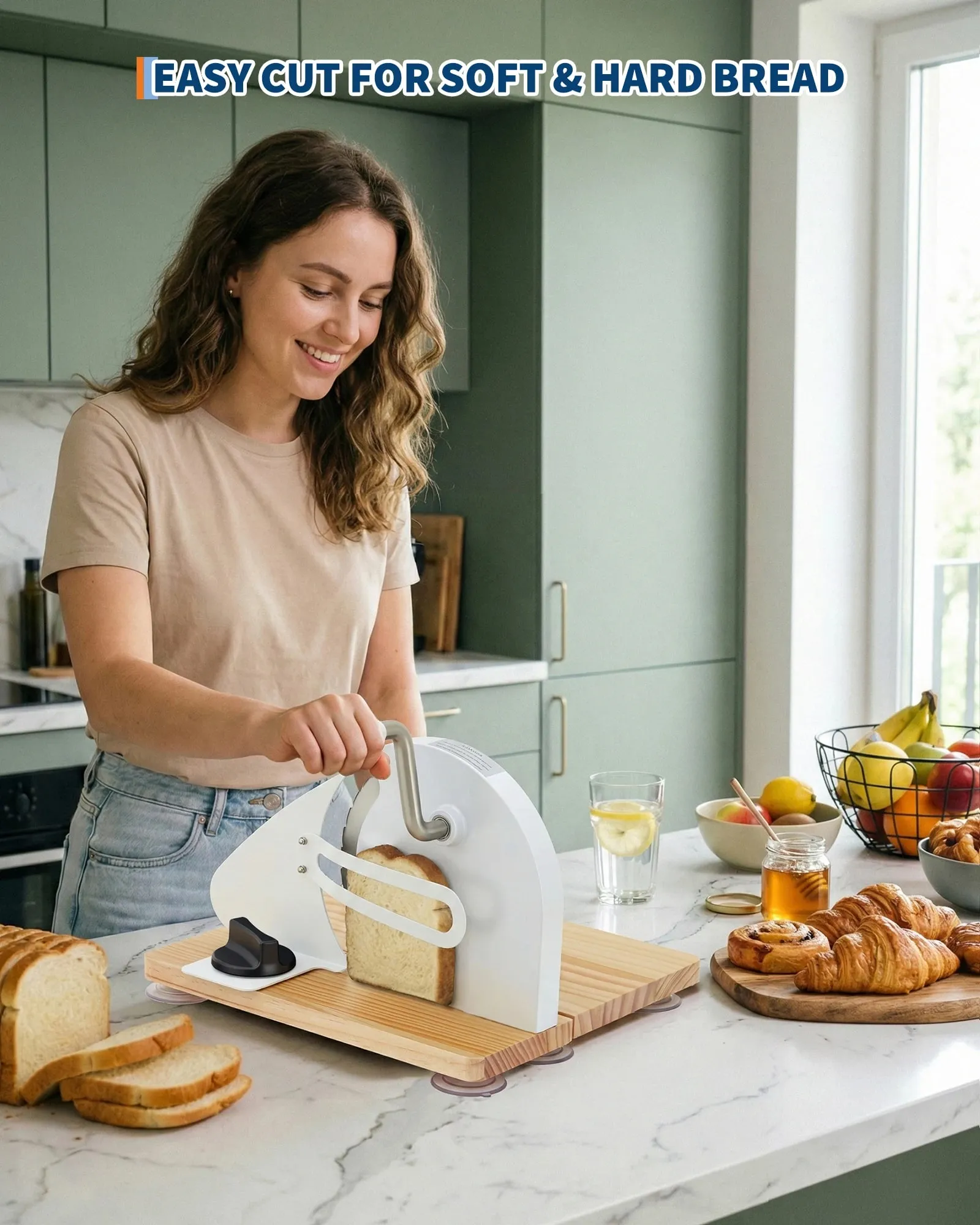 Fatiador de pão manual Cortador de pão de madeira dobrável com espessura ajustável de 0,1 "-2" Cortador de pão de qualidade alimentar para torradas de pão caseiro e bagels