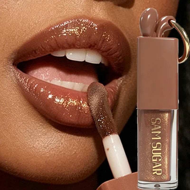 1pc espelho ouro brilhante marrom coelho brilho labial hidratante plumping gloss líquido batom fosco chocolate marrom tom de tonalidade labial