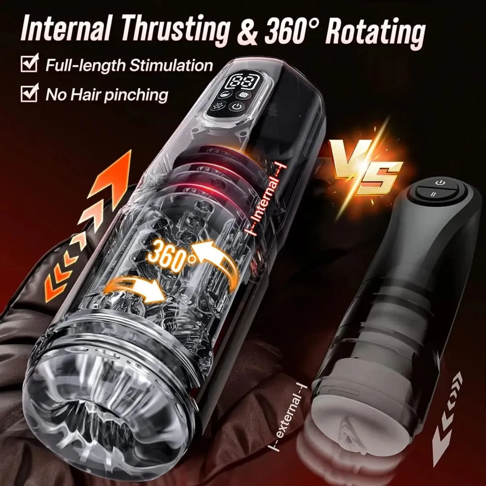 Automático 360 ° Rotação Empurrando Masturbador Masculino Lambendo Pênis Vibrador Display LCD Stroker Bolso Buceta Brinquedos Sexuais para Homens