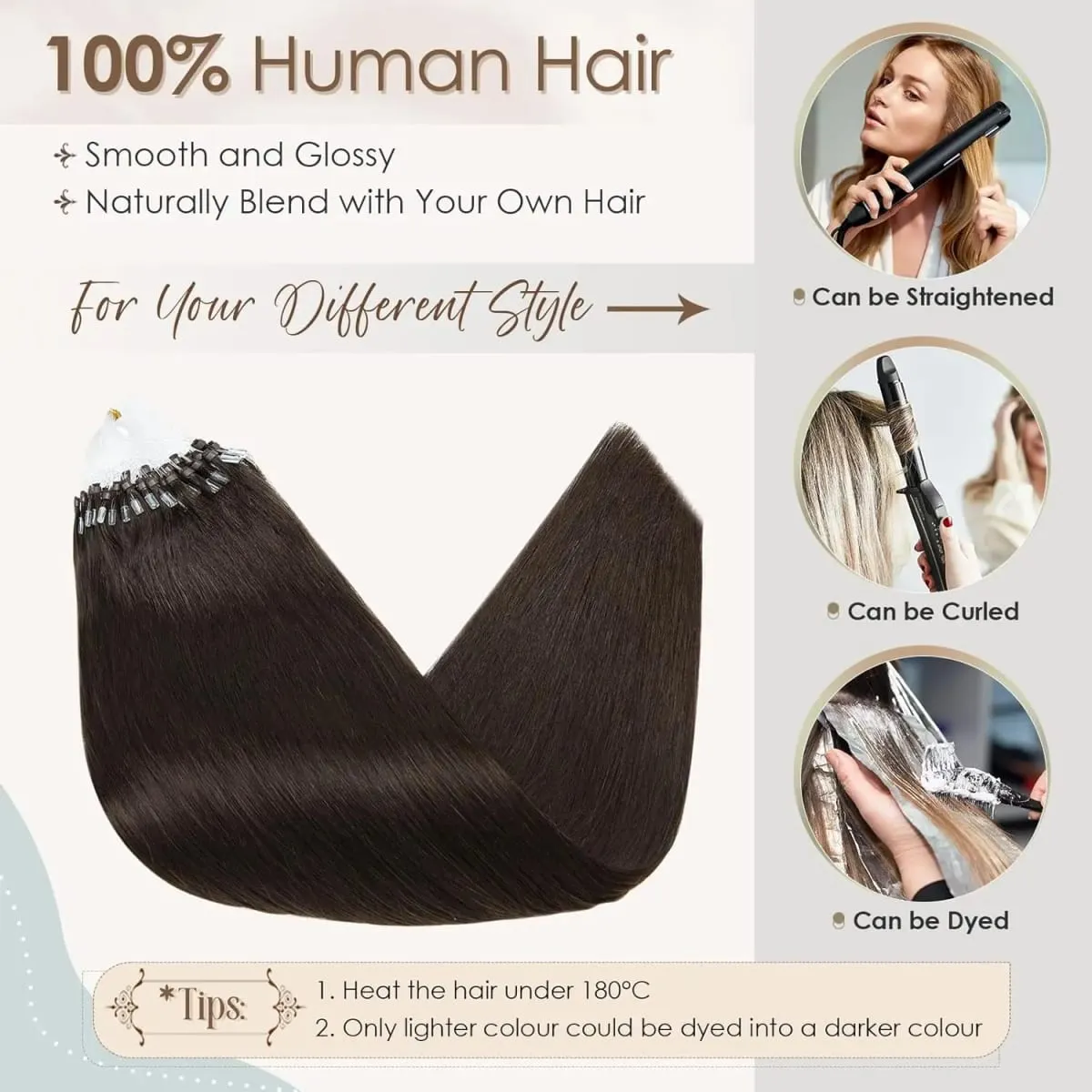 Micro Loop Human Hair Extensions - 50 Strands Thick Straight Clip-In Hair for Instant Volume & Length