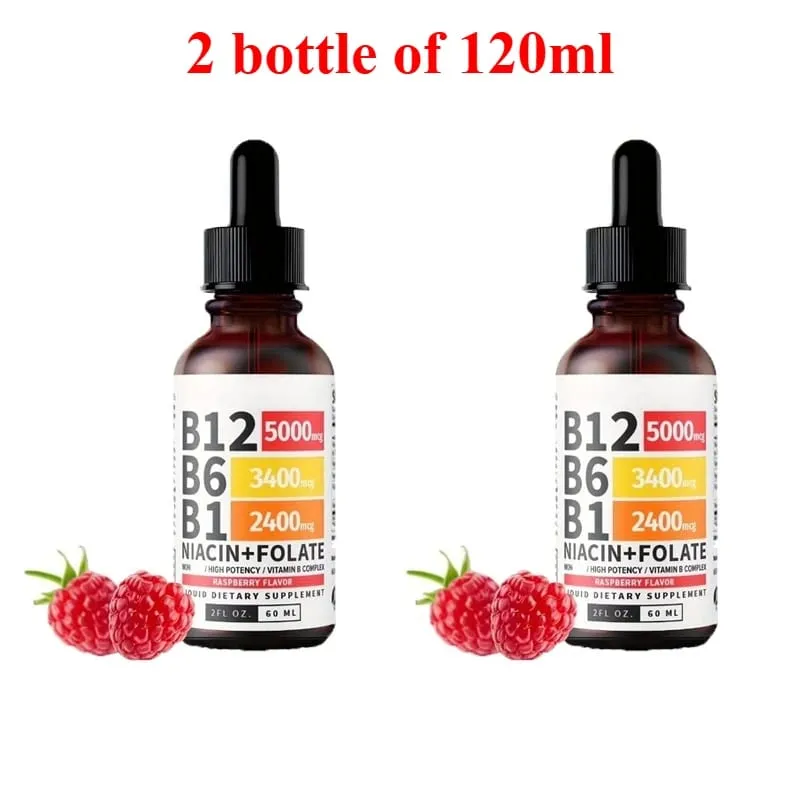 Gotas líquidas de complexo de vitamina B 5 em 1 B12 B6 B1 Niacina Folato Suporte para metabolismo de energia normal Saúde do sistema imunológico