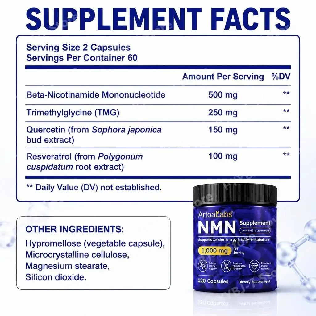 Cápsulas NMN NAD + e suporte de energia celular com TMG Quercetina Resveratrol Função mitocondrial e saúde antioxidante 120 contagens