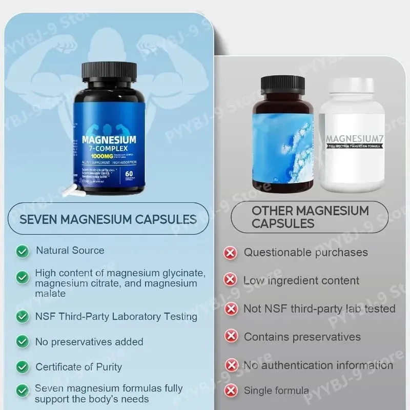 Suplemento complexo de magnésio 7 com glicinato citrato malato quelato zinco vitamina D3 B6 para alívio muscular do sono 60 cápsulas
