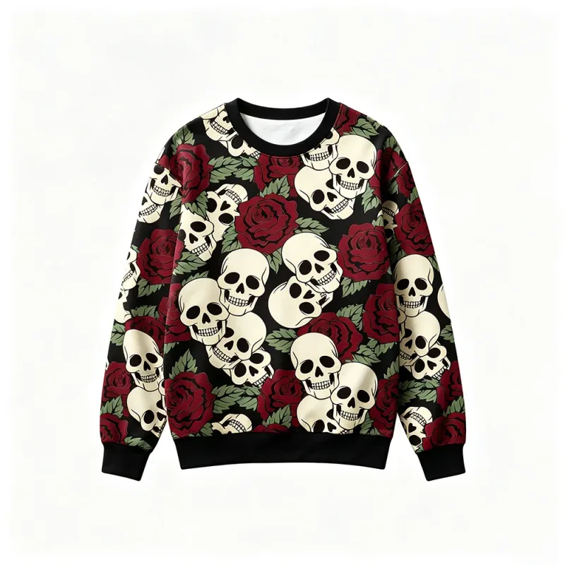 Estilo gótico esqueleto rosa impressão moletom masculino retro casual tripulação pescoço pulôver roupas harajuku hip hop rua moda topos