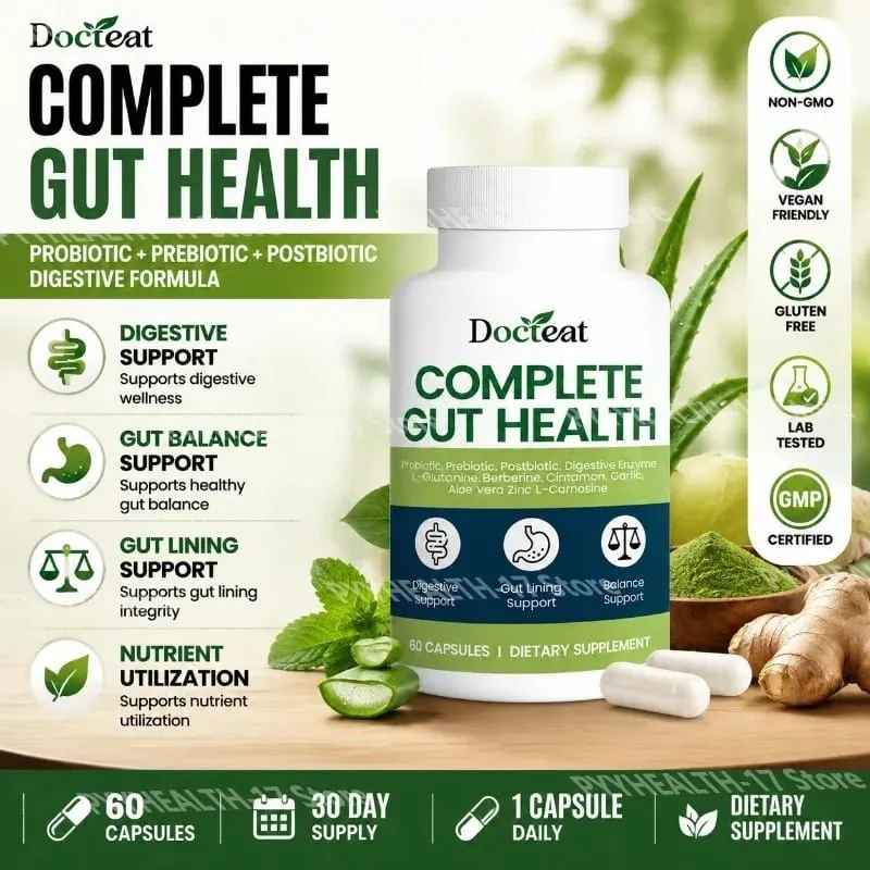 Cápsulas completas para saúde intestinal Docteat com enzimas digestivas probióticas prebióticas pós-bióticas para equilíbrio intestinal e digestão 60 contagens