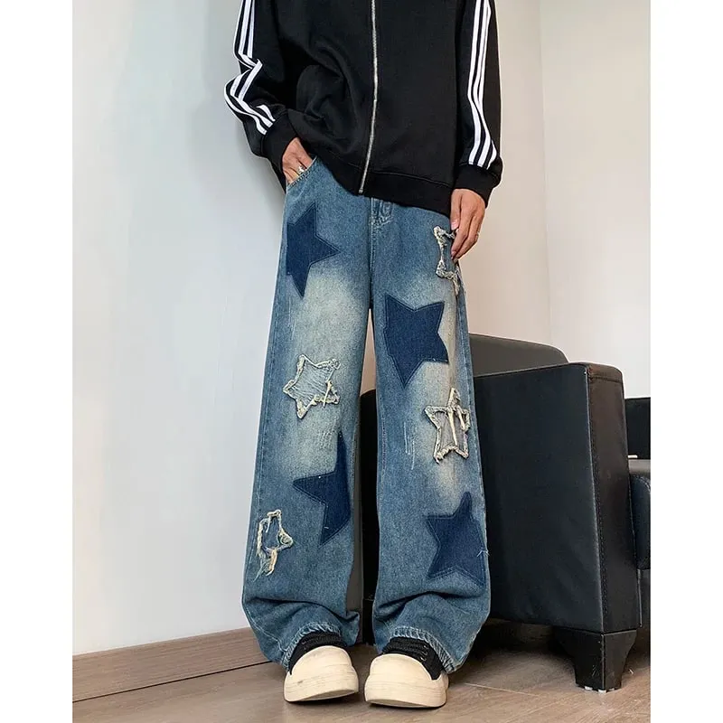 牛仔褲男直筒星星刺繡拼裝秋季牛仔褲Uomo闊腿嘻哈時尚青年中性街頭牛仔長褲