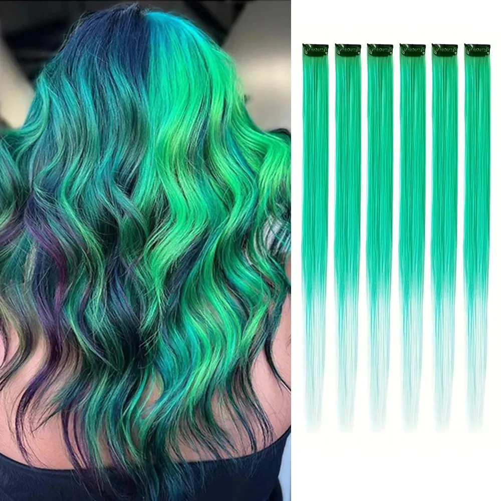 6 unidades/pacote colorido festa destaques clipe em extensões de cabelo 22 polegadas multi-cores cabelo liso sintético postiços — image 20