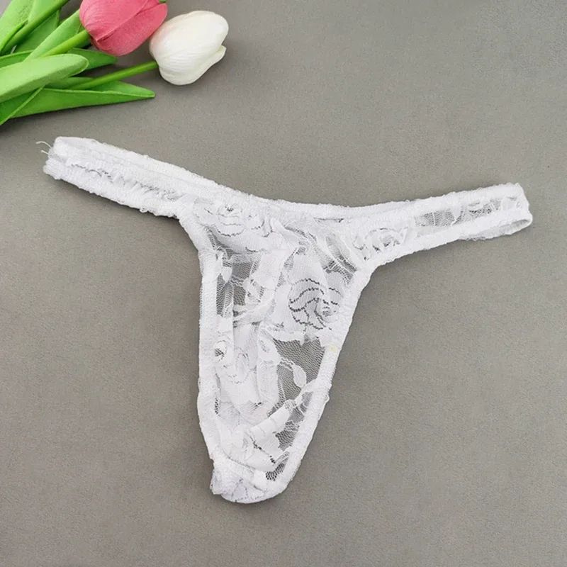 Lace Floral Sexy Men's Underwear Solid Hollow Perspective Thong Comfort Bugle Enhance Sissy G-String Gay Low Rise T-back Panties