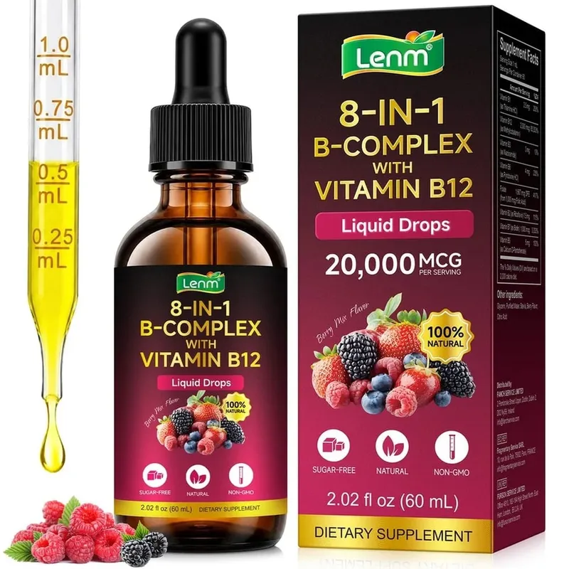 Lenm Vitamin B12 B-Complex Liquid Drops 8 em 1 apoia o sistema nervoso, a saúde imunológica e a energia diária 60 ML sem açúcar e não OGM