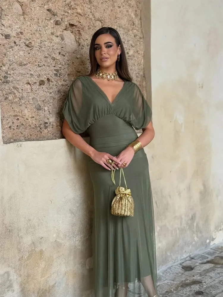 Feminino sólido profundo decote em v malha vestido longo elegante puff manga curta ruched cintura alta vestidos 2026 verão senhora casual rua robe