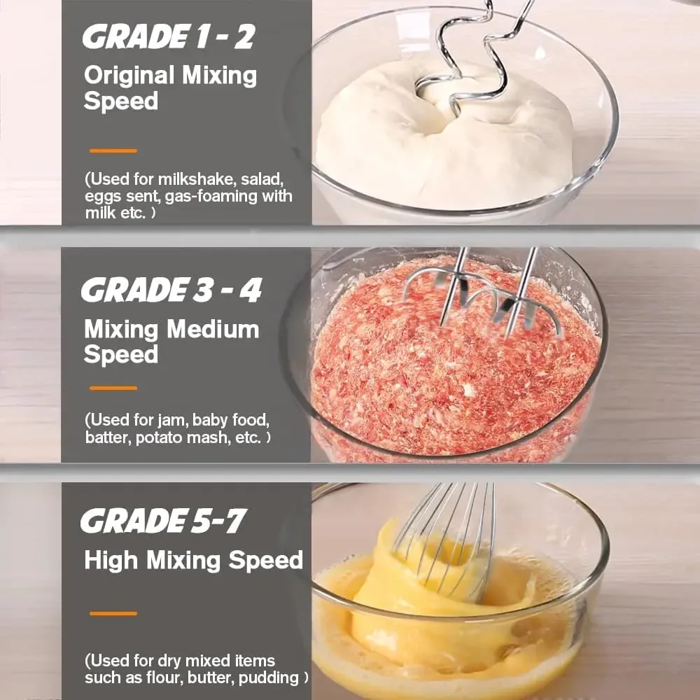 The handheld mixer has 7 speed settings to meet various needs from mixing dry ingredients to whipping cream.