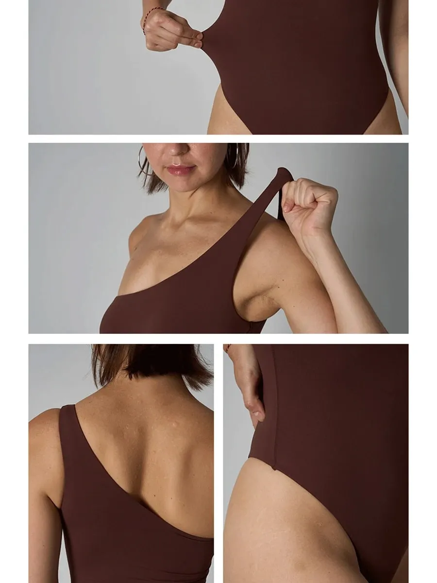 Macacão de ombro diagonal feminino sólido alta elasticidade fina shapewear bodysuit moda feminina streetwear magro esportes roupa interior