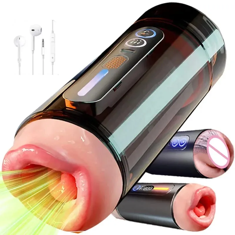 Novo automático masculino realista dupla penetração canal vibração garganta profunda vagina aquecimento voz bolso gato adulto brinquedo sexo — image 1