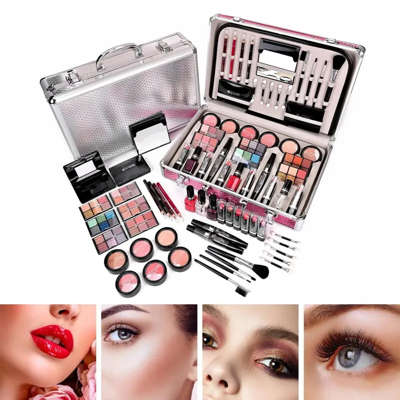 Caixa de maquiagem tudo em 1, 68 peças, paleta de sombra, pó, batom, rímel, lápis labial, pincel labial, blush, espelho