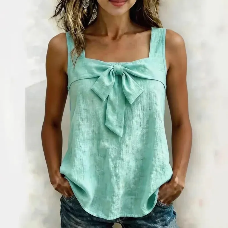 Mulheres pescoço quadrado sem mangas regata frente arco decoração cor sólida casual verão senhoras camisola